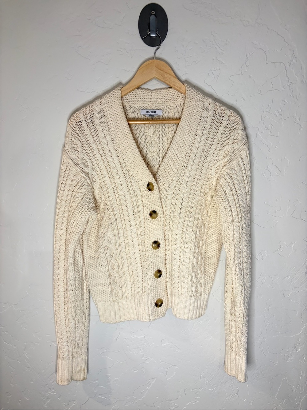 Re/Done Ivory Cable-Knit V-Neck Button Cardigan